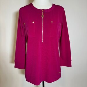 Anne Klein Magenta 3/4 Sleeve Zip Neck Pocket Blouse Womens Size Medium M Career